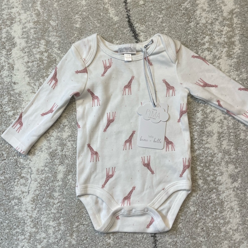 Beau Et Belle Pink Giraffe Print Pima‎ Cotton Bodysuit NWT